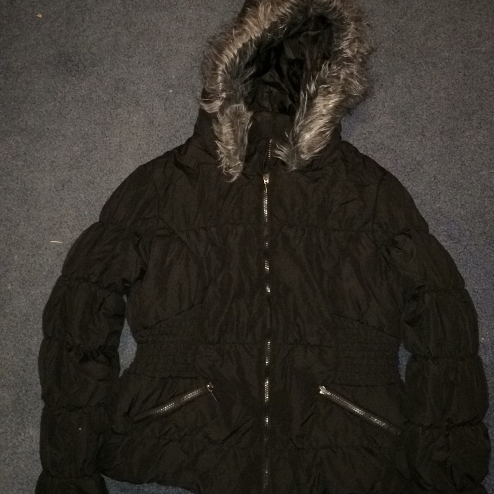 Maralyn & Me black puffer jacket; faux fur hood